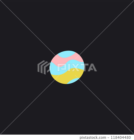 A flat sticker with an image of a multi-colored planet on a children's space theme. A flat sticker with an image of a multi-colored planet on a children's space theme. 118404480