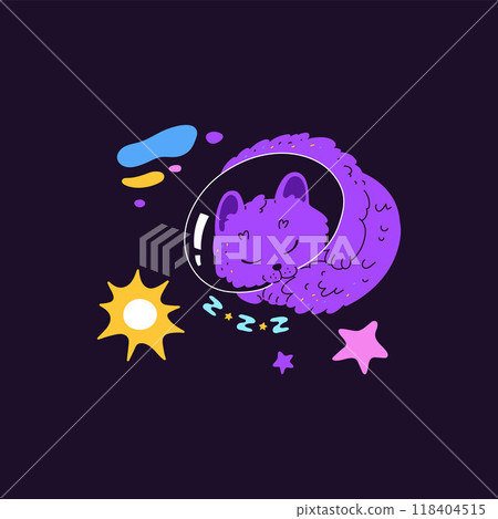 Cute purple cat astronaut sleeping in space, cartoon kitten cosmonaut flying in starry sky, vector fantasy funny pet 118404515
