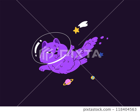 Vector image of a space cat on a black background with stars and planets. Vector image of a space cat on a black background with stars and planets. 118404563