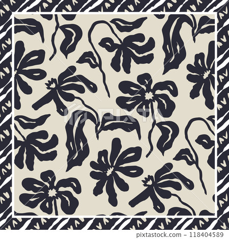 Monochrome black and white brush strokes inky flowers scarf or bandana design 118404589