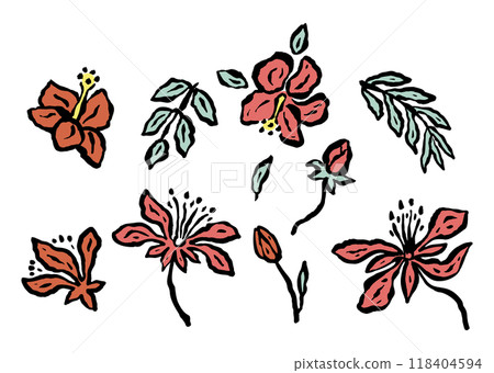 Set of abstract inky jungle flowers sketches isolated on white 118404594