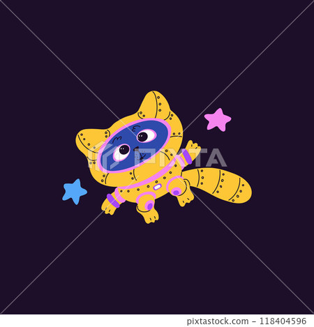 Cute cat astronaut in spacesuit in space, cartoon kitten cosmonaut flying in night starry sky, vector fantasy funny pet 118404596