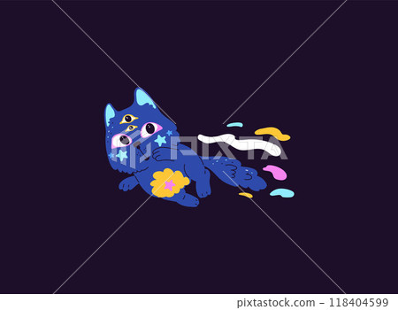 Cute blue cat astronaut with eyes on forehead flying in space, vector cartoon funny kitten cosmonaut fantasy adventure Cute blue cat astronaut with eyes on forehead flying in space, vector cartoon funny kitten cosmonaut fantasy adventure 118404599