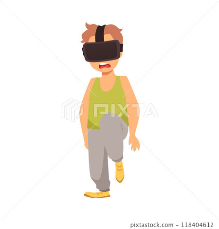 Vector illustration of a child struck by virtual reality glasses on a white background 118404612