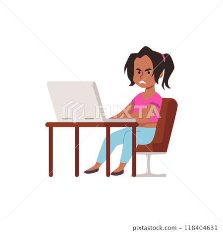 Girl looks angrily at her laptop monitor. 118404631
