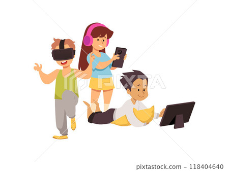 Cute children using gadgets, tablet device, smartphone and virtual reality glasses, vector kid online entertainment 118404640
