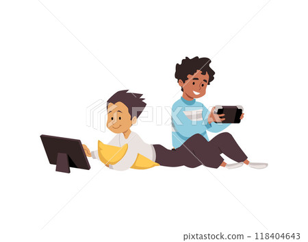 Cute children looking at the tablet device and smartphone, vector boys using gadgets, online entertainment communication 118404643