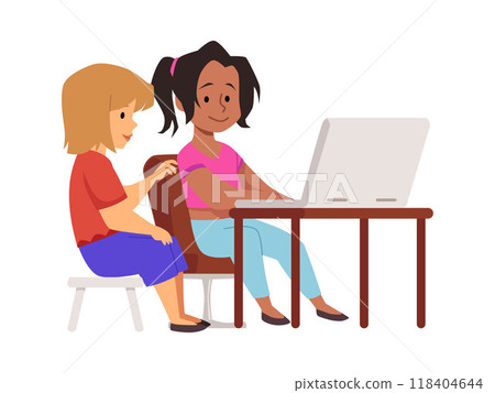 Cute girls watching at the laptop or tablet, vector children using gadget, online education, communication entertainment Cute girls watching at the laptop or tablet, vector children using gadget, online education, communication entertainment 118404644