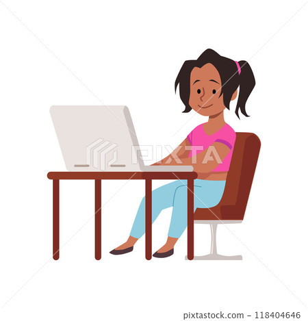 Vector illustration of a girl sitting at the table with a computer on isolated background. Vector illustration of a girl sitting at the table with a computer on isolated background. 118404646
