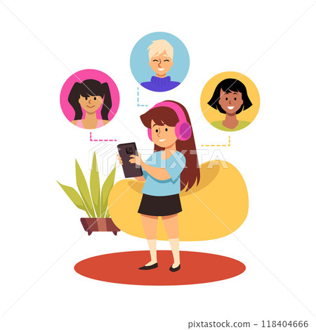 Girl girl calling by smartphone, online messaging avatar icons, communication technology, vector cute kid using gadget Girl girl calling by smartphone, online messaging avatar icons, communication technology, vector cute kid using gadget 118404666