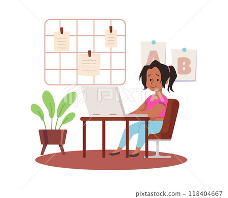 Vector illustration of a girl sitting at a computer next to a blackboard with notes Vector illustration of a girl sitting at a computer next to a blackboard with notes 118404667