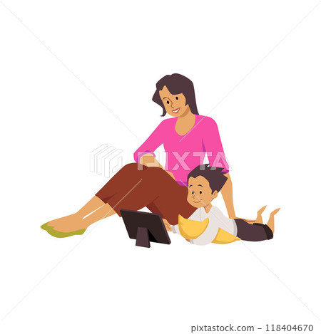 Cute boy with mother looking at tablet device, vector family using gadget, online education communication, entertainment 118404670