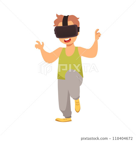 Boy in VR glasses jumps, playing in a video game. 118404672