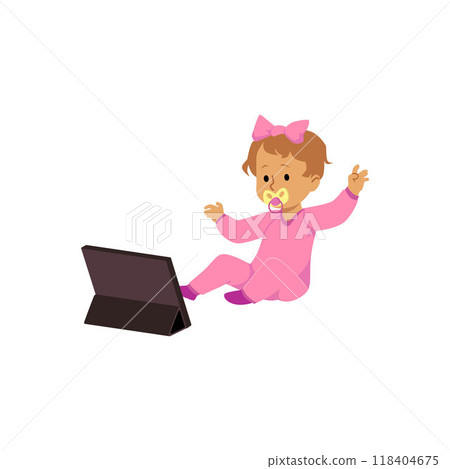 Cute baby with pacifier sitting and looking at smartphone or tablet device, vector cartoon little girl using gadget Cute baby with pacifier sitting and looking at smartphone or tablet device, vector cartoon little girl using gadget 118404675