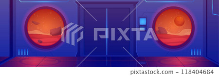 Space ship interior vector game sci-fi background, spacecraft shuttle door, round windows view alien red planet surface 118404684
