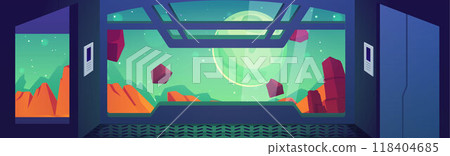 Space ship interior vector game sci-fi background, spacecraft shuttle window view from the corridor on alien planet Space ship interior vector game sci-fi background, spacecraft shuttle window view from the corridor on alien planet 118404685