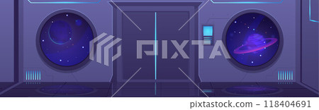 Vector illustration of a spacecraft with a door, portholes where space and the planet Jupiter 118404691