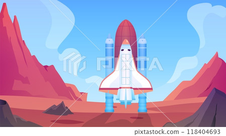 Vector illustration of a rocket standing on the rocky surface of the red planet 118404693