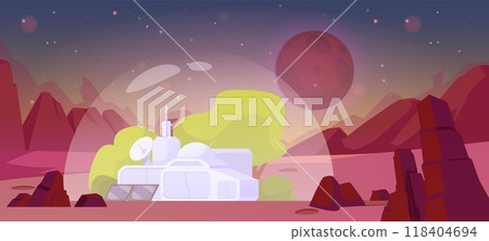 Alien landscape with desert mountains and a research station under a dome. Alien landscape with desert mountains and a research station under a dome. 118404694