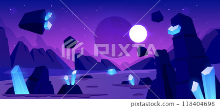 Cosmic alien game vector landscape with glowing blue crystals, desert surface flying rocks, fantasy space planets 118404698