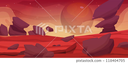 A vector illustration of the planet's surface showing a rocky red landscape, sand and rocks A vector illustration of the planet's surface showing a rocky red landscape, sand and rocks 118404705