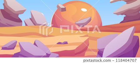 Cosmic alien vector game landscape, desert surface with mountains and flying rocks, fantasy space planet in the sky 118404707