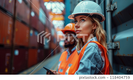 Port Workers Overseeing Container Operations 118404759