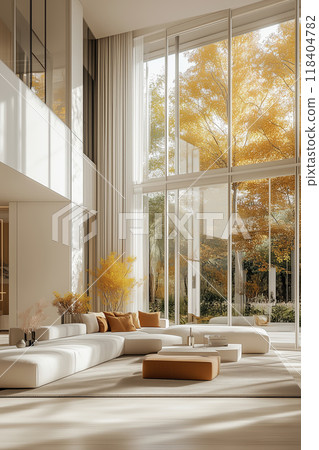 Spacious modern living room with large windows and autumn view 118404782