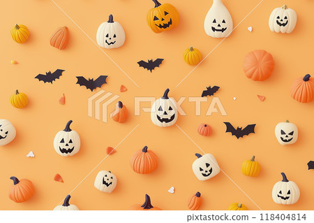 Halloween Festive Background with Pumpkins and Bats 118404814