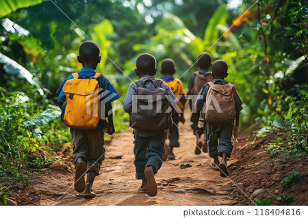 African Children Walking to School in Rural Landscape 118404816