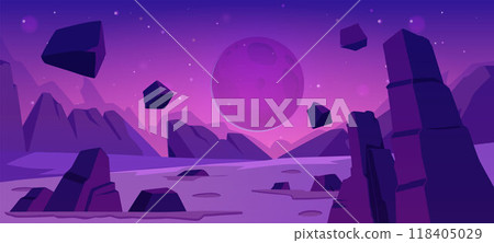 Cosmic alien game vector landscape background with desert surface flying rocks on night starry sky, fantasy space planet 118405029