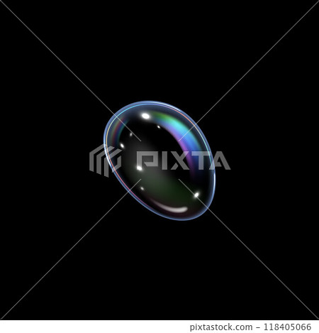 Realistic soap bubble with rainbow reflection, vector glossy 3D volume round water drop with holographic effect, glares Realistic soap bubble with rainbow reflection, vector glossy 3D volume round water drop with holographic effect, glares 118405066