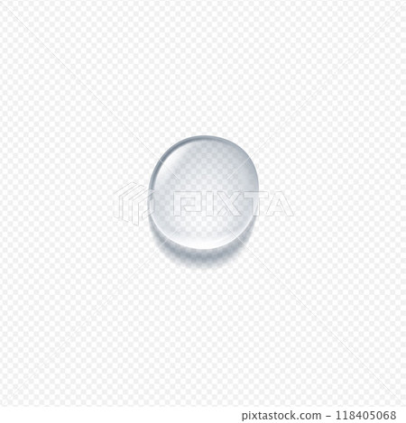 Realistic transparent water drop, vector 3D glass liquid overlay effect, volume round aqua droplet, glossy gel bubble 118405068