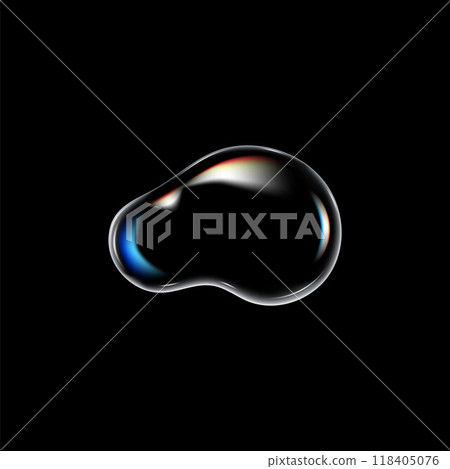Realistic water drop, vector soap bubble, 3D glass rounded liquid droplet fluid shape with holographic effect and glares 118405076