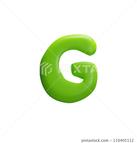 Realistic 3D glossy green G capital letter of English alphabet, vector volume typographic font symbol plasticine texture 118405112