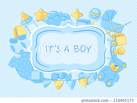 Baby shower greeting card. New born baby boy Happy Birthday. Baby shower greeting card. New born baby boy Happy Birthday. 118405173