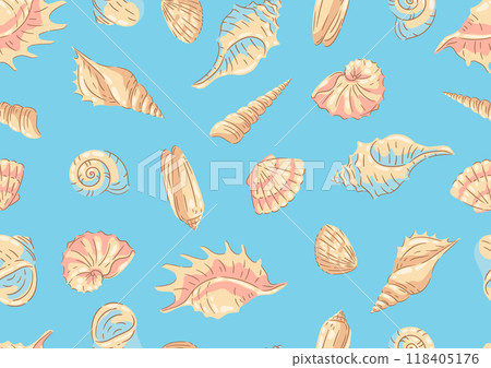 Seamless pattern with seashells. Tropical underwater mollusk shells illustration. Seamless pattern with seashells. Tropical underwater mollusk shells illustration. 118405176
