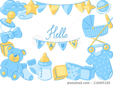 Baby shower greeting card. New born baby boy Happy Birthday. 118405185