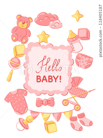Baby shower frame. New born baby boy Happy Birthday. 118405187