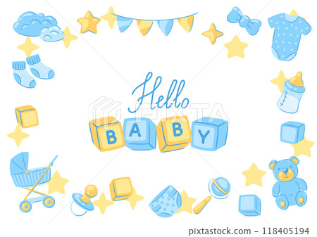 Baby shower frame. New born baby boy Happy Birthday. Baby shower frame. New born baby boy Happy Birthday. 118405194
