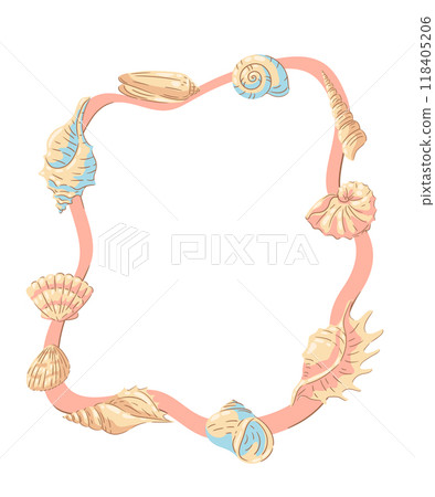 Frame with seashells. Tropical underwater mollusk shells illustration. Frame with seashells. Tropical underwater mollusk shells illustration. 118405206