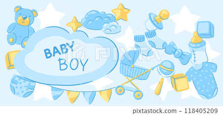Baby shower greeting card. New born baby boy Happy Birthday. Baby shower greeting card. New born baby boy Happy Birthday. 118405209
