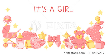 Baby shower frame. New born baby boy Happy Birthday. 118405217