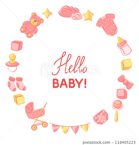 Baby shower frame. New born baby boy Happy Birthday. 118405223