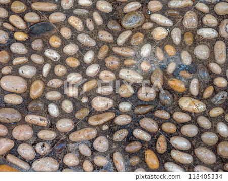 Closeup of cobblestone pavement 118405334