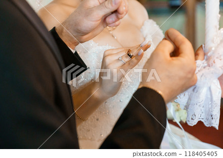 Close-Up of Bride and Groom Exchanging Rings in Wedding Ceremony with Romantic Ambiance 118405405
