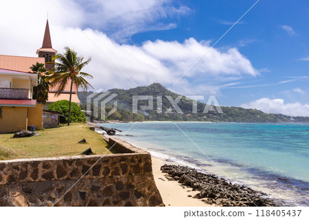 Anse Royale coastal landscape with Saint Joseph, the Worker church Anse Royale coastal landscape with Saint Joseph, the Worker church 118405437
