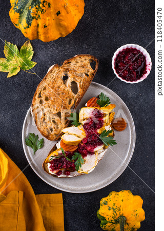 Leftover Thanksgiving day sandwich with turkey 118405470