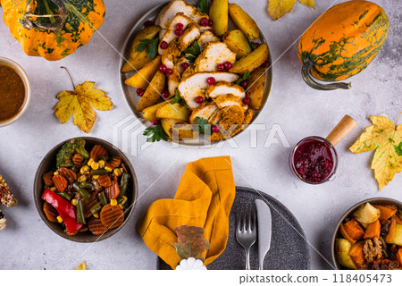 Traditional Thanksgiving day dinner with turkey 118405473