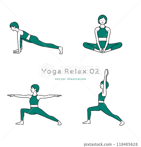Simple line drawing of a woman doing yoga pose 02 118405628